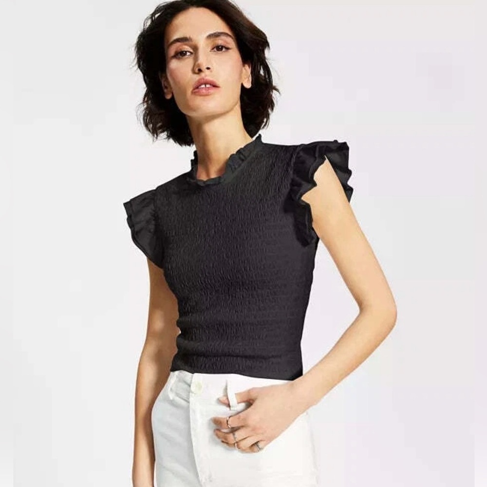 French Connection Black Ruffle Sleeve Fitted Top